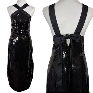Prabal‎ Gurung Black Sequin Midi Dress Size 14 Bow Cut Out Party Formal Cocktail